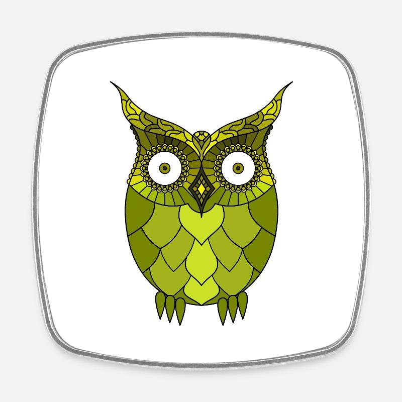 Stylized Green Steampunk Owl - Square fridge magnet - white