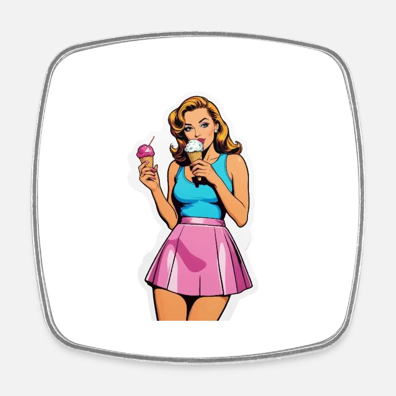 Retro Mädchen Eis essen - Viereckiger Kühlschrankmagnet - Weiß