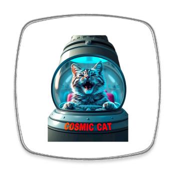 Funny cat in a UFO ship - Square fridge magnet - white - Front