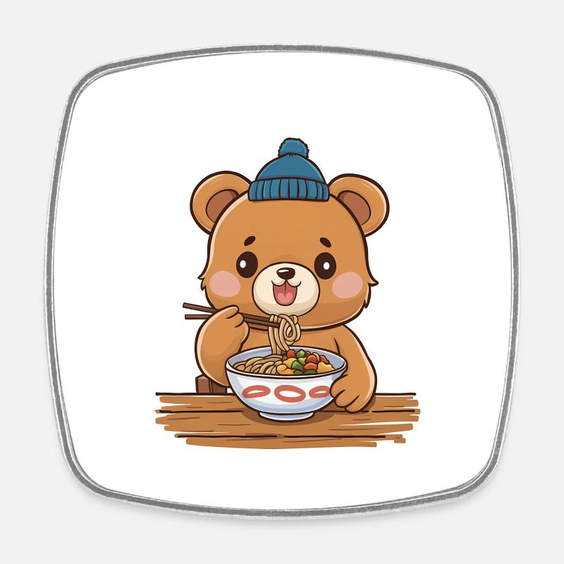 Ours Kawaii mangeant des ramen - Magnet carré - blanc