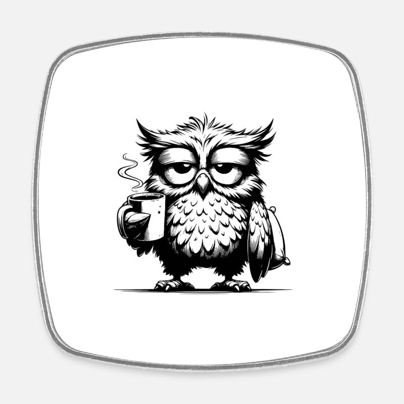 Funny Tired Comic Owl with Coffee Deficit - Square fridge magnet - white