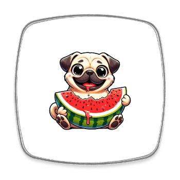 Pug with Melon Cute Cartoon - Square fridge magnet - white - Front