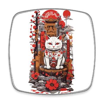 Japanese Lucky Cat in Ukiyo-E Style Cats - Square fridge magnet - white - Front