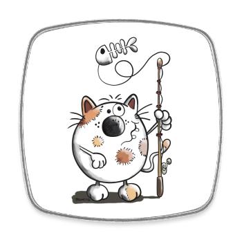 Katze Beim Angeln Cartoon Fischgräte  - Viereckiger Kühlschrankmagnet - Weiß - Vorne