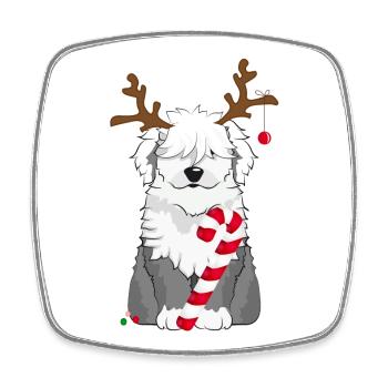 Chien bobtail avec canne à sucre et bois de renne - Magnet carré - blanc - Devant