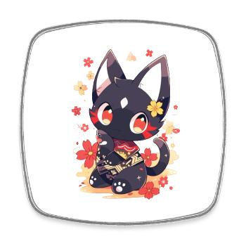Cute anime cat with fish - Square fridge magnet - white - Front
