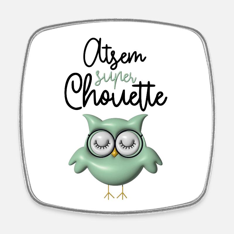 Atsem super chouette verte 3D - Magnet carré - blanc