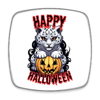 Süßer Schneeleopard mit Halloween Kürbis - Viereckiger Kühlschrankmagnet - Weiß - Vorne