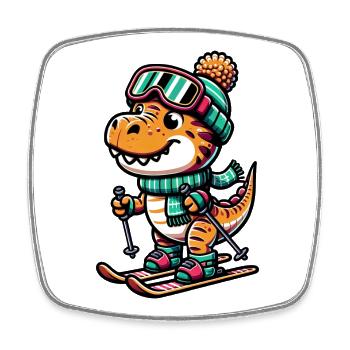 Trex Dino Dinosaur Skis Skier Ski Holidays - Square fridge magnet - white - Front