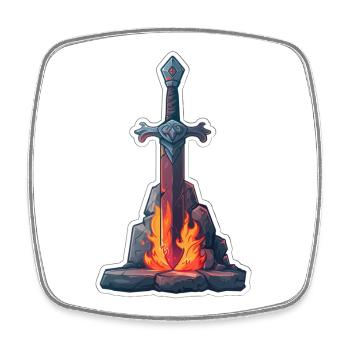Fantasy RPG Sword with Fire in a Stone - Square fridge magnet - white - Front