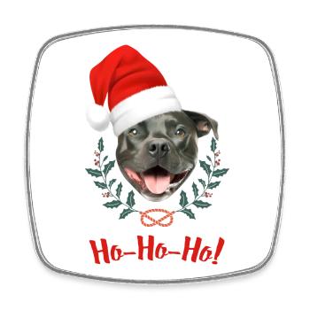 Tête de staffie noir avec bonnet de père Noël - Magnet carré - blanc - Devant