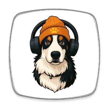 Australian Shepherd with cap and headphones - Square fridge magnet - white - Front