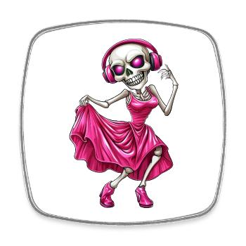 Crazy skeleton in pink dress and headphones :) - Square fridge magnet - white - Front
