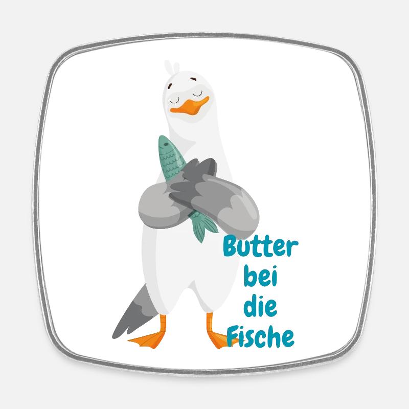 "Butter to the fish" – Funny seagull with fish - Square fridge magnet - white