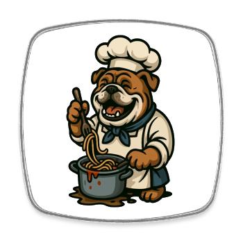 Bulldogge Koch Kochen Spaghetti Glücklich Cartoon Kunst - Viereckiger Kühlschrankmagnet - Weiß - Vorne