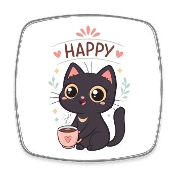 Schwarze Katze Glücklicher Kaffee - Viereckiger Kühlschrankmagnet - Weiß - Vorne