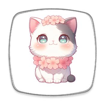 Kawaii Weiße Katze Sakura Blumenkranz Chibi Style - Viereckiger Kühlschrankmagnet - Weiß - Vorne