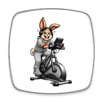 Un lapin sur le vélo d’appartement avec un casque - Magnet carré - blanc - Devant
