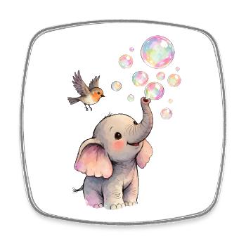 Un bébé éléphant fait des bulles avec un oiseau 🐘 🐦 - Magnet carré - blanc - Devant