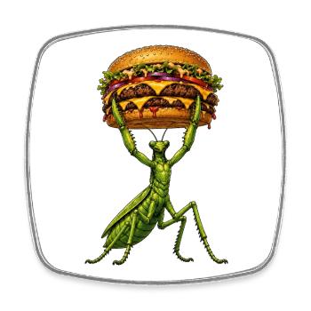 Praying Mantis Weightlifting Burger Comic - Square fridge magnet - white - Front