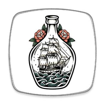 Boats in Bottle Tattoo Retro Sailboat Sea - Square fridge magnet - white - Front