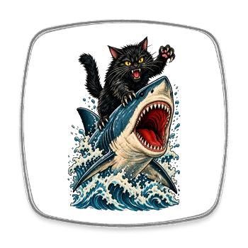 Angry Black Cat Riding a Great White Shark - Viereckiger Kühlschrankmagnet - Weiß - Vorne