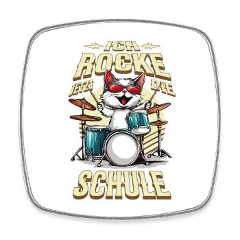 Schulkind Einschulung Katze Schlagzeug Rock Musik - Viereckiger Kühlschrankmagnet - Weiß - Vorne