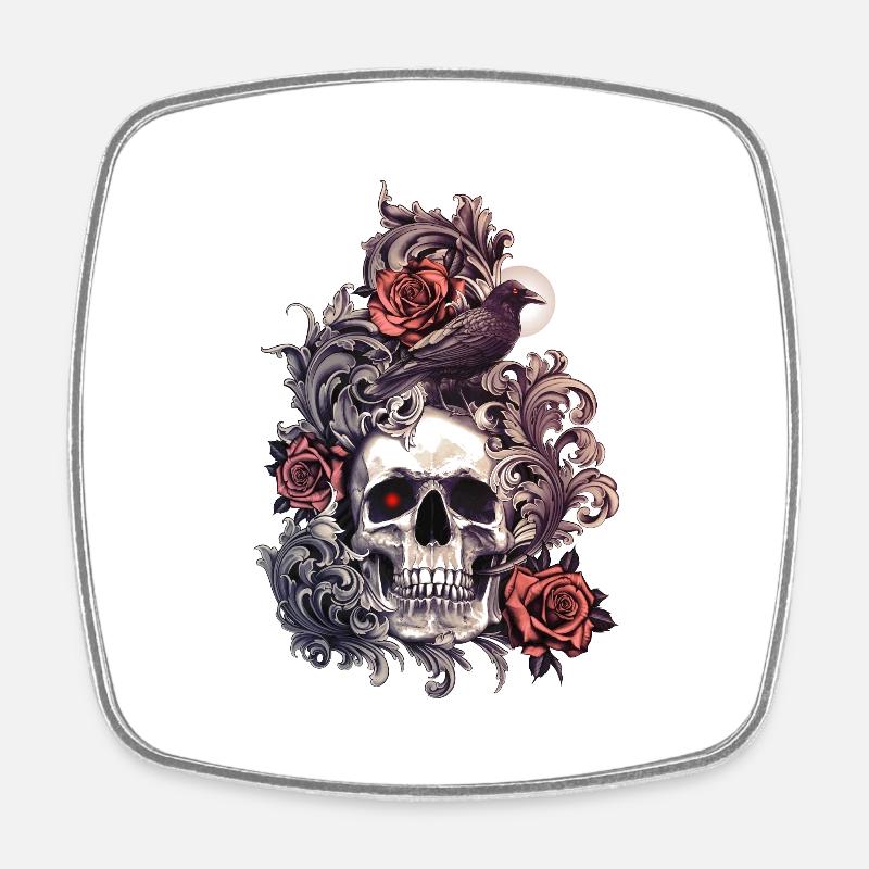 Skull Crow and Roses - Square fridge magnet - white