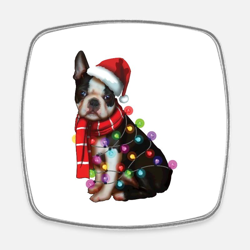 Chien Boston Terrier de Noël - Drôle de chiot de Noël - Magnet carré - blanc