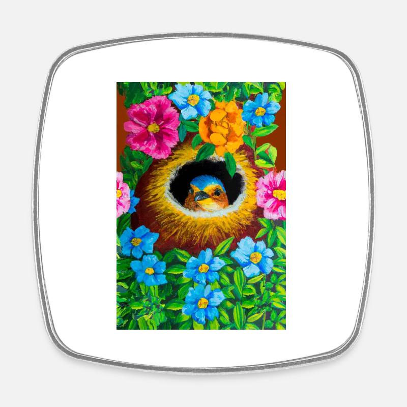 Oiseau dans son nid entouré de fleurs - Magnet carré - blanc