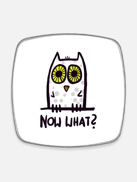 now what? lustige Eule - Viereckiger Kühlschrankmagnet - Weiß