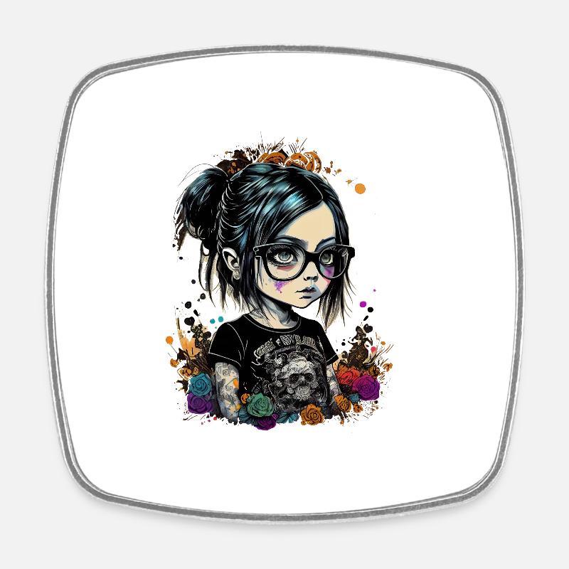 Kleines Mädchen mit Brille im Gothic- Stil - Viereckiger Kühlschrankmagnet - Weiß