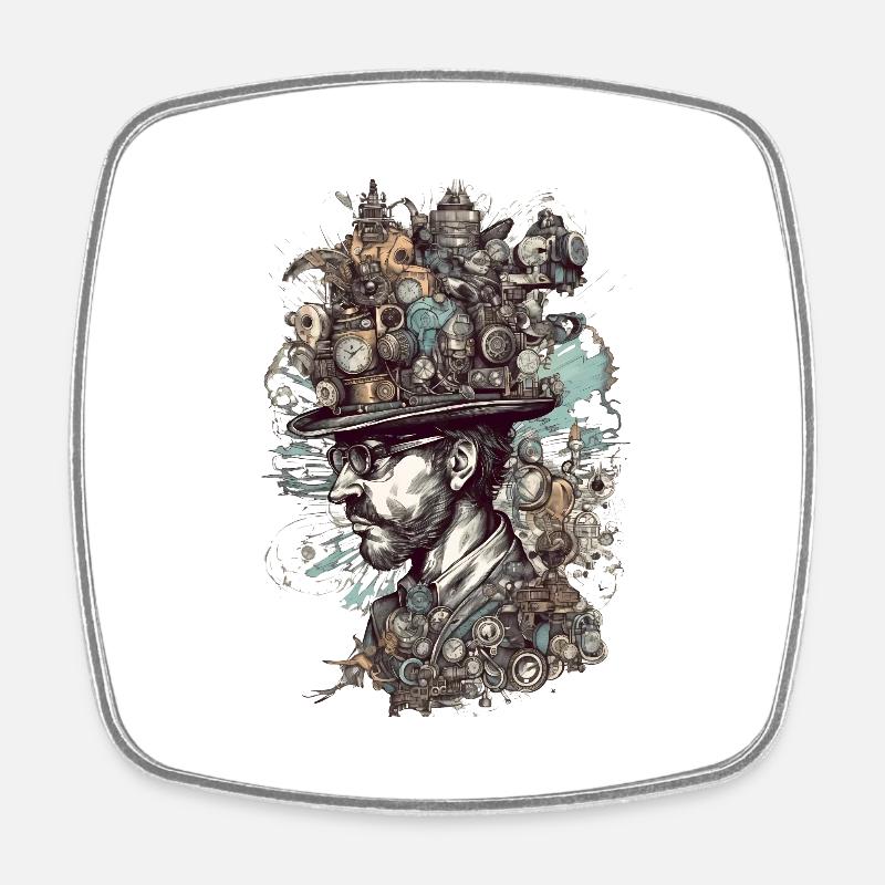 Trippy Steampunk Motif - Man with Crazy Hat - Square fridge magnet - white