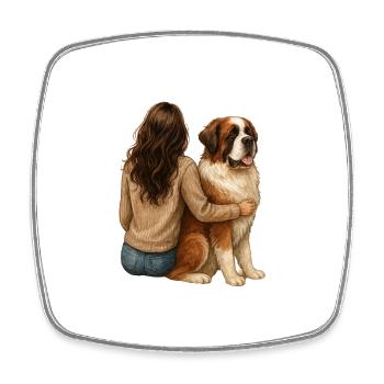 Brunette woman with St. Bernard – dog love - Square fridge magnet - white - Front