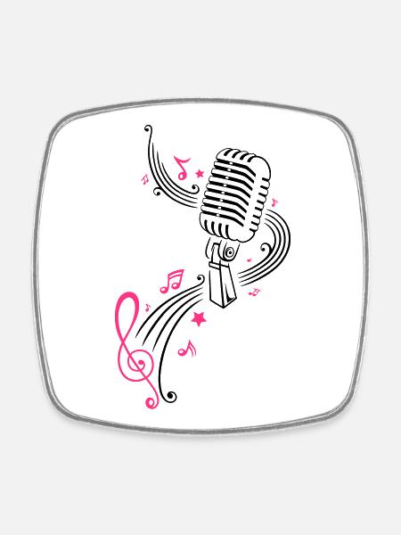Retro microphone with music notes and clef. - Square fridge magnet - white