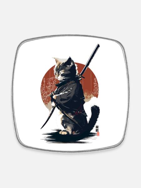 Kawaii Neko Samurai : cat samurai - Square fridge magnet - white