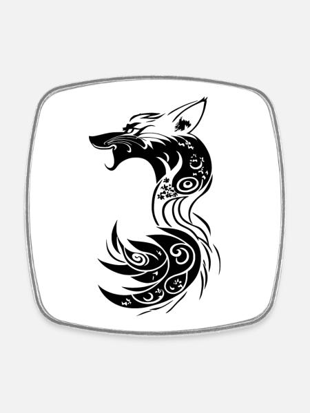 Black Tribal Fantasy Fox - Square fridge magnet - white