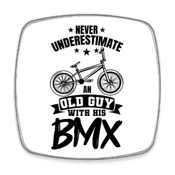 Never underestimate an old man with BMX - Square fridge magnet - white - Front