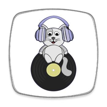 Nostalgisches Kätzchen, das Vinyl-Schallplatten liebt - Viereckiger Kühlschrankmagnet - Weiß - Vorne