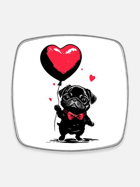 Carlin avec ballon cœur - Heartful Creatures - Magnet carré - blanc