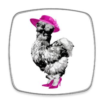 Chicken with Lady's Hat and High Heels, Silk Chicken - Square fridge magnet - white - Front