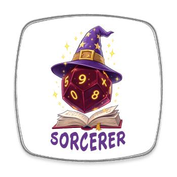 W20 schwebend über Buch – Sorcerer Cartoon - Viereckiger Kühlschrankmagnet - Weiß - Vorne