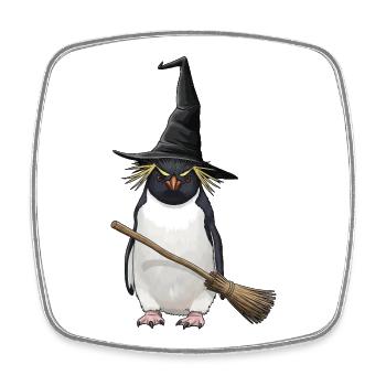 Drôle Halloween Pingouin Sorcière avec Balai Dessin animé - Magnet carré - blanc - Devant