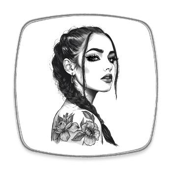 Élégante Line Art Femme - Style de tatouage floral - Magnet carré - blanc - Devant