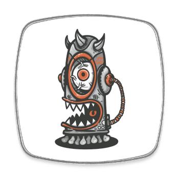 Mechanisches Monster mit orangefarbenem Auge - Viereckiger Kühlschrankmagnet - Weiß - Vorne