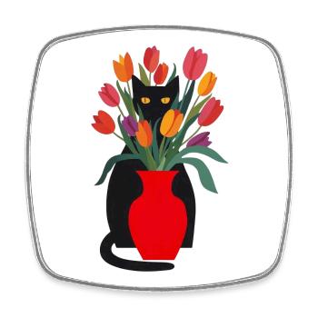 Chat noir et tulipes - Magnet carré - blanc - Devant