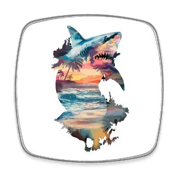 Requin, coucher de soleil, plage, palmiers, mer, nature - Magnet carré - blanc - Devant