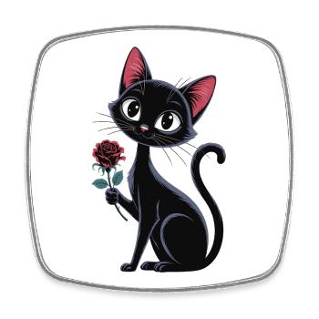 Schwarze Katze mit Rose - Geschenk für Katzenfans - Viereckiger Kühlschrankmagnet - Weiß - Vorne