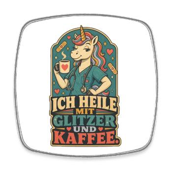 Einhorn Pflege Glitzer Kaffee Shirt - Viereckiger Kühlschrankmagnet - Weiß - Vorne