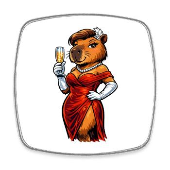 Elegant capybara lady with sparkling wine - Square fridge magnet - white - Front